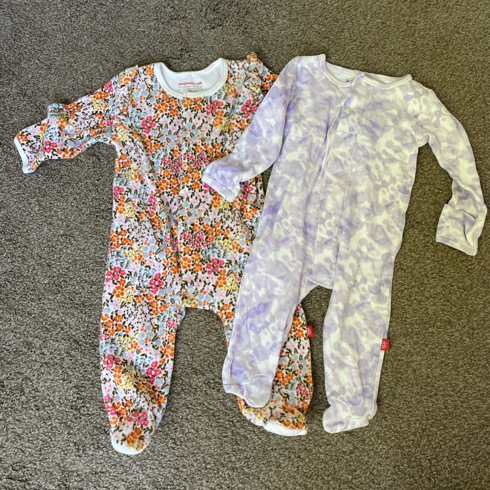 Magnetic Me Orange and Purple Footies Soft Stretchy One Pieces
